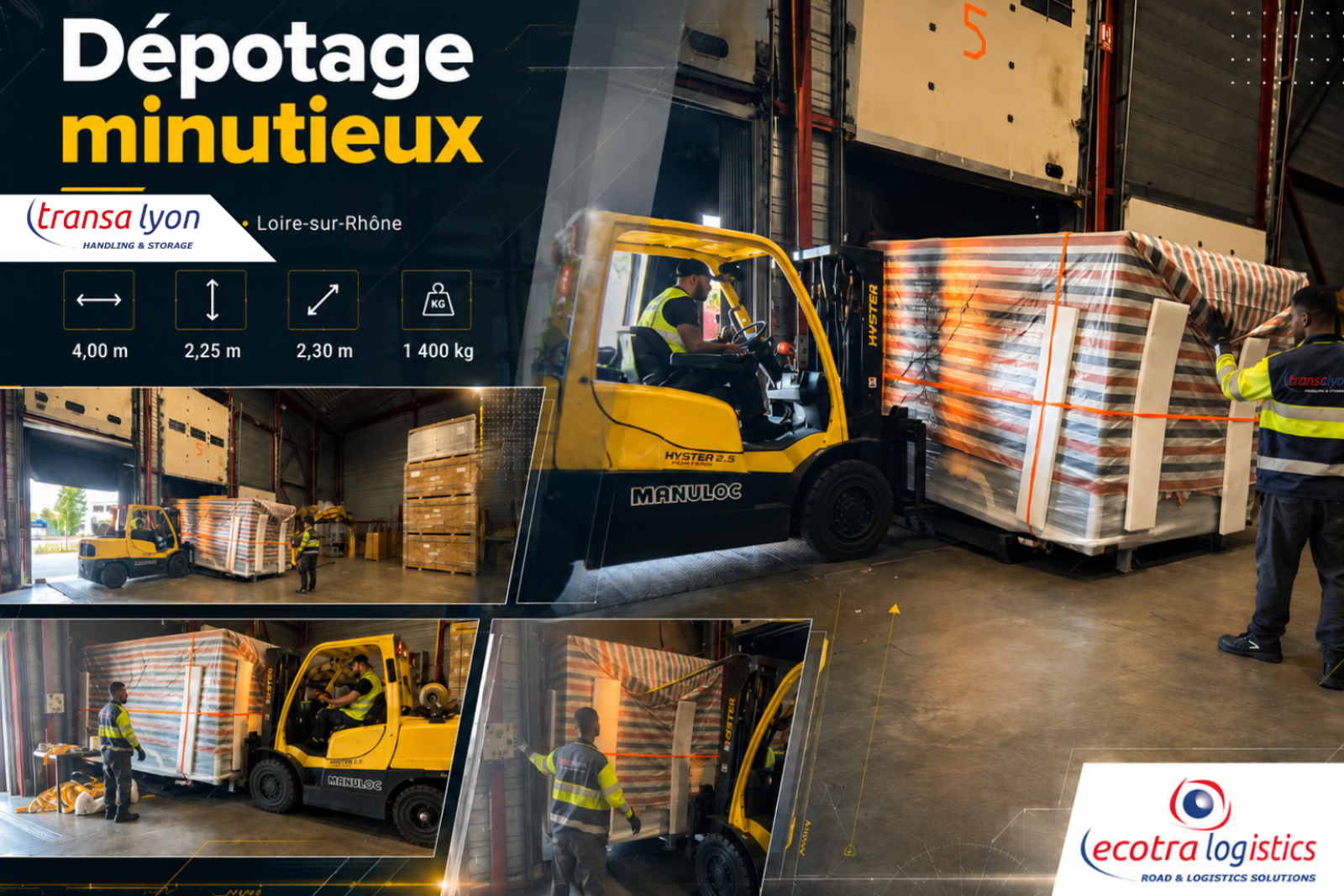 Dépotage minutieux d’une marchandise volumineuse dans notre entrepôt Transalyon à Loire-sur-Rhône